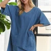 V-Neck Half Sleeve Mini Denim Dress -  Peacock  Blue