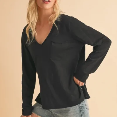 V-Neck Long Sleeve Top - Black