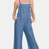 Washed Adjustable Strap Wide Leg Denim Overalls - Dusty Blue