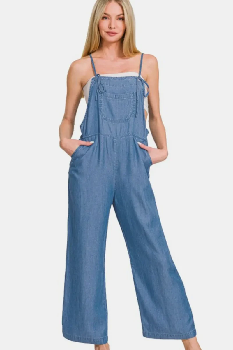 Washed Adjustable Strap Wide Leg Denim Overalls - Dusty Blue