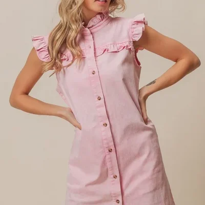 Washed Button Down Ruffled Cap Sleeve Denim Dress - Blush Pink