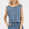 Washed Denim Distressed Detail Crop Tank - Medium
