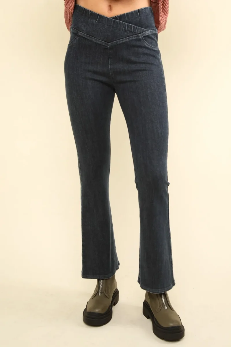 Washed Denim Stretchy Crossover Waist Leggings - Black