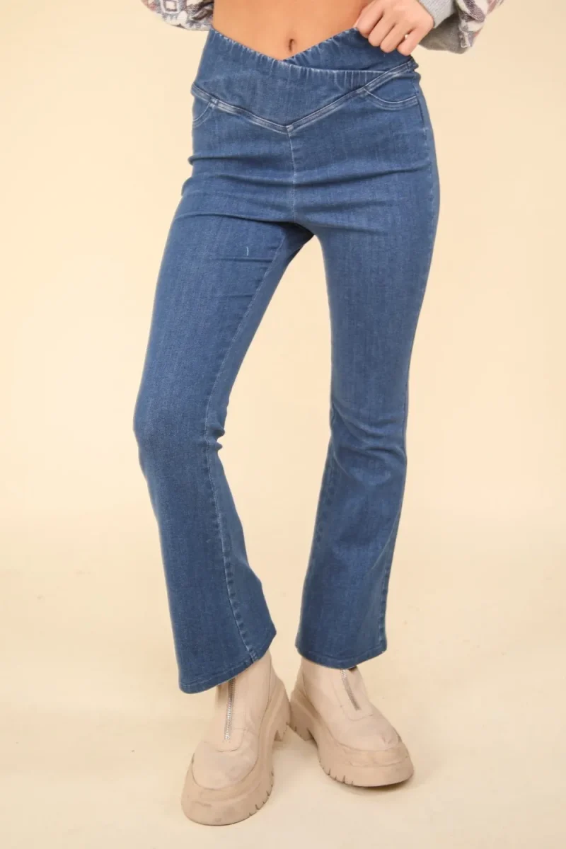 Washed Denim Stretchy Crossover Waist Leggings - Indigo
