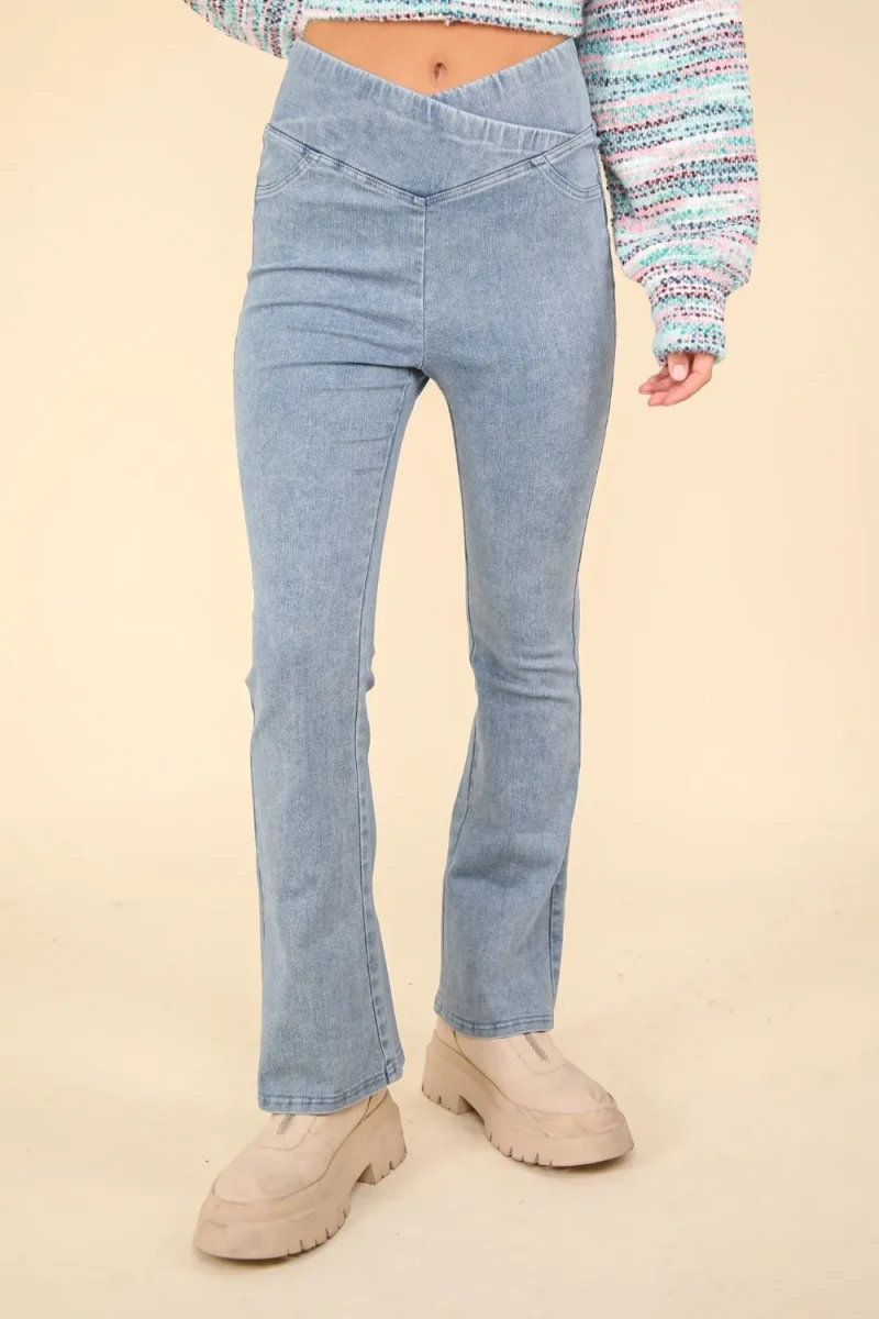 Washed Denim Stretchy Crossover Waist Leggings - Lt Indigo