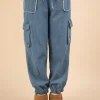 Washed Drawstring Jogger Cargo Jeans - Indigo