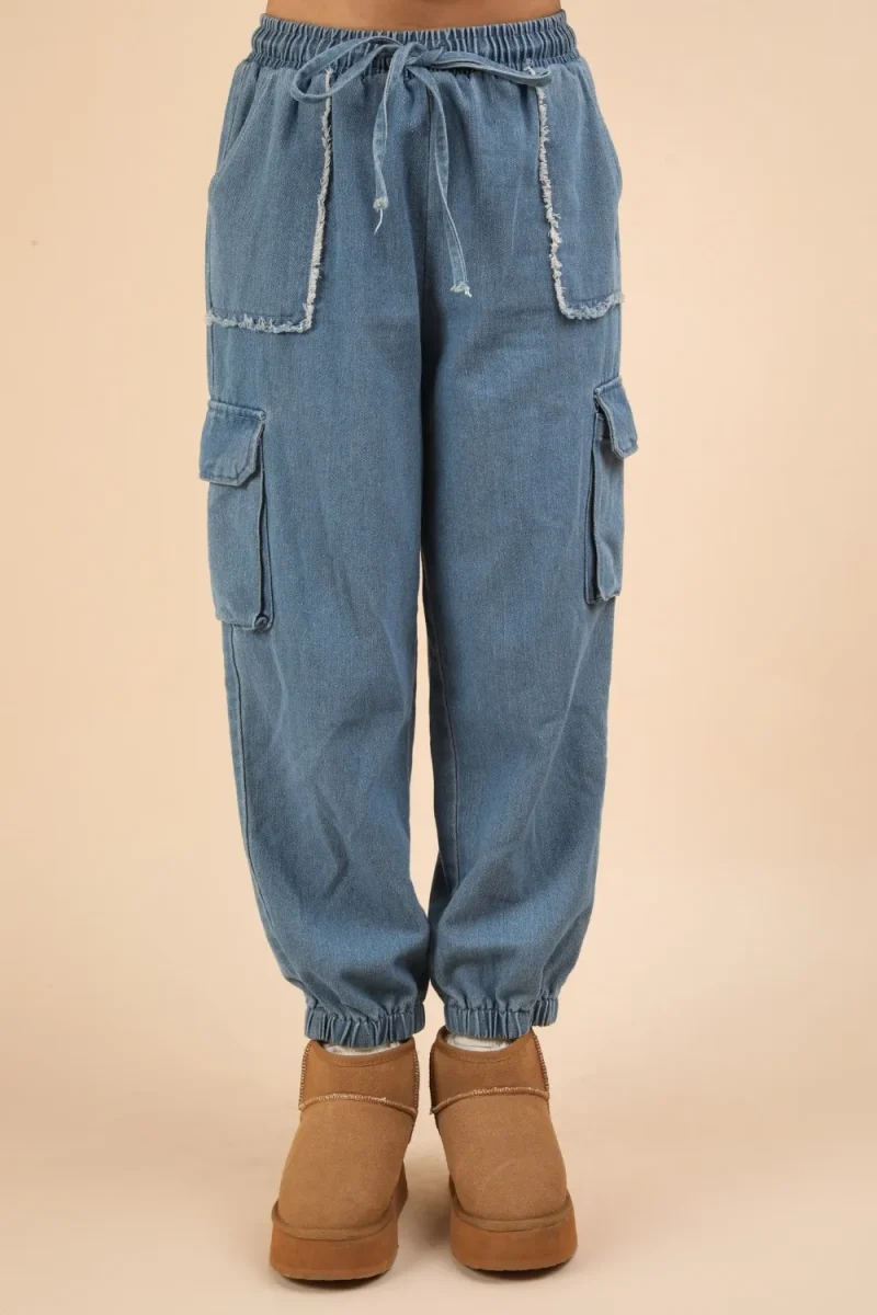 Washed Drawstring Jogger Cargo Jeans - Indigo