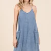 Washed Patch Pocket Mini Cami Denim Dress - Medium