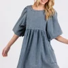 Washed Round Neck Puff Sleeve Denim Dress - Medium