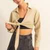 Washed Tie Front Crop Top - Light Taupe