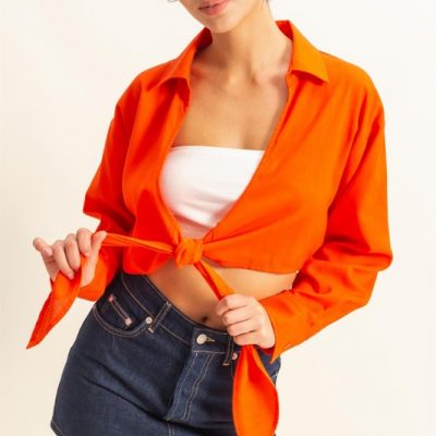 Washed Tie Front Crop Top - Tomato