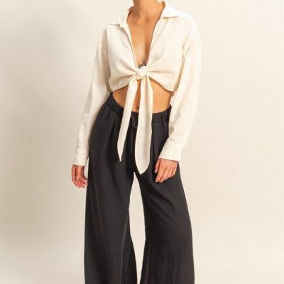 Washed Tie Front Crop Top - White