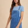 Wide Strap Denim Overall Dress With Pockets - Indigo Washed Denim