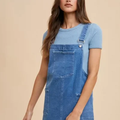 Wide Strap Denim Overall Dress With Pockets - Indigo Washed Denim