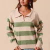 Wide Stripe Polo Shirt Sweater Top - Oatmeal/Lt Olive