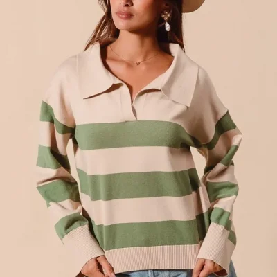 Wide Stripe Polo Shirt Sweater Top - Oatmeal/Lt Olive