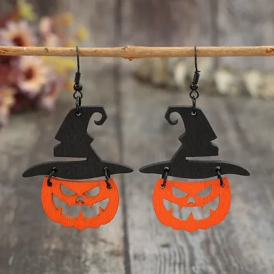 Wooden Pumpkin Shape Earrings - Black