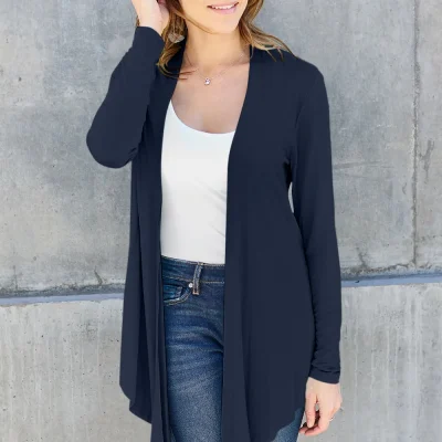 Full Size Open Front Long Sleeve Cardigan - Dark Blue