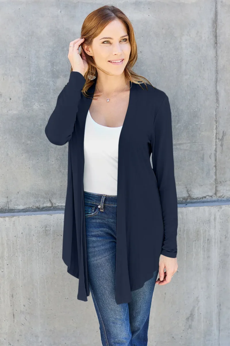 Full Size Open Front Long Sleeve Cardigan - Dark Blue