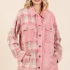 Plaid Button Down Drop Shoulder Jacket - Dusty Pink