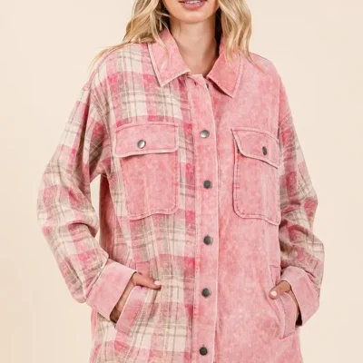 Plaid Button Down Drop Shoulder Jacket - Dusty Pink