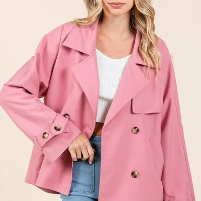 Double Breasted Long Sleeve Trench Coat Jacket - Rose