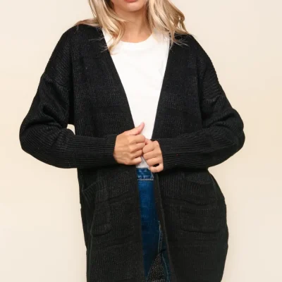 Stripe Textured Open Front Cardigan with Pockets - Black