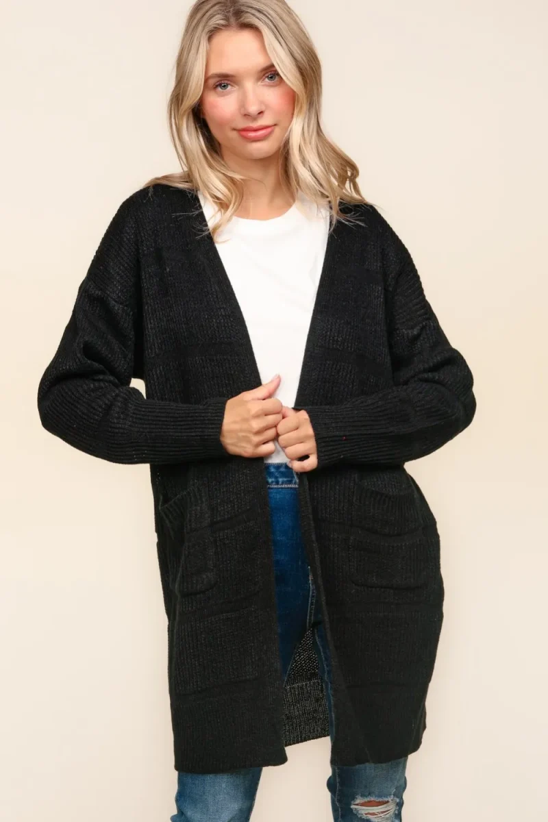 Stripe Textured Open Front Cardigan with Pockets - Black