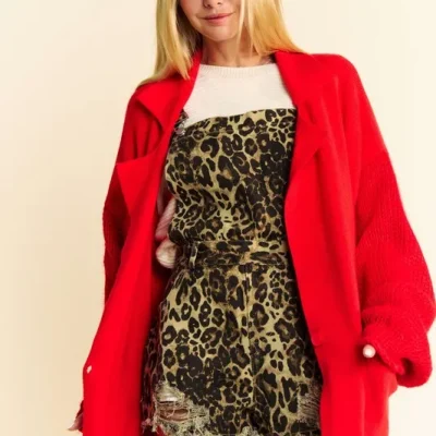 Button Up Dropped Shoulder Cardigan with Pockets - Red