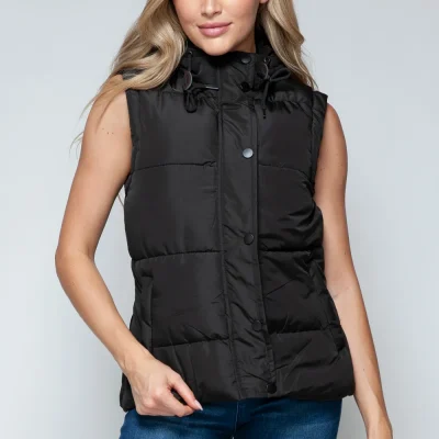 Snap and Zip Closure Hooded Vest - Midnight/Black