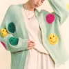 Fuzzy Smile Open Front Long Sleeve Cardigan - Sage