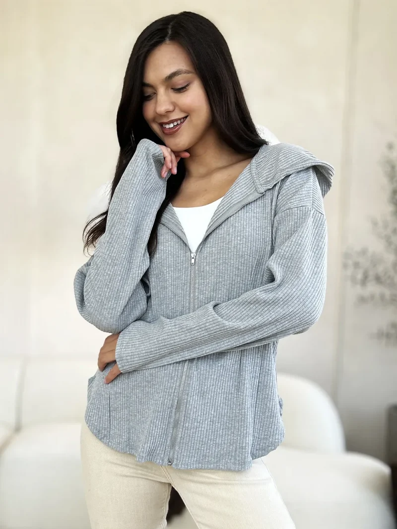 Full Size Ribbed Zip Up Drawstring Hooded Jacket - H.Grey