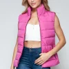 Zip Up Turtleneck Vest with Pockets - Rose Violet