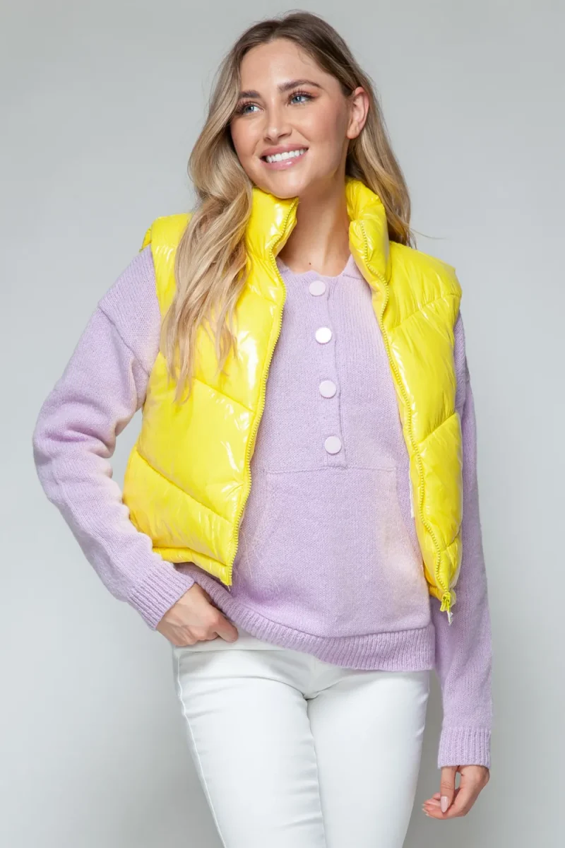 Zip Up Turtleneck Shiny Quilted Vest - Yellow
