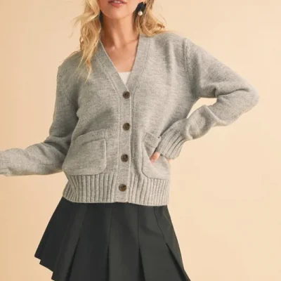 Ribbed Hem Button Down V-Neck Cardigan - Gray