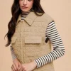 Texture Quilted Snap Down Vest Coat - Tan