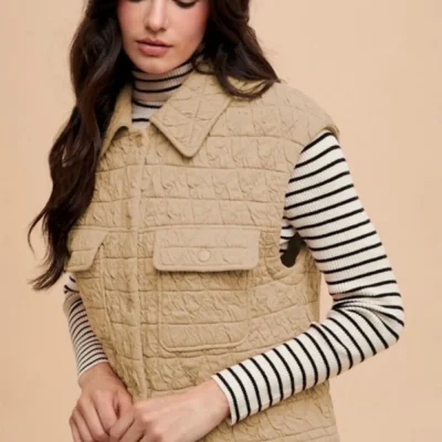 Texture Quilted Snap Down Vest Coat - Tan
