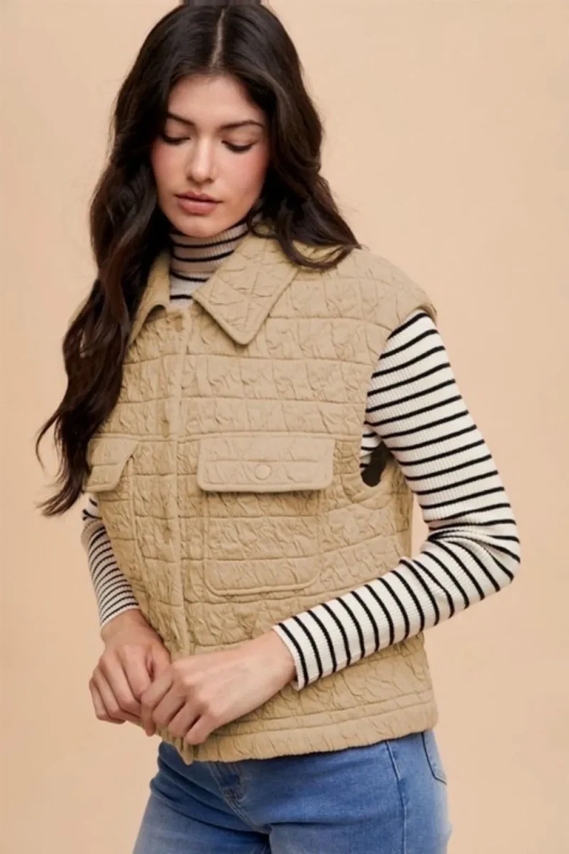 Texture Quilted Snap Down Vest Coat - Tan