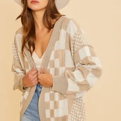 Checkered Open Front Drop Shoulder Cardigan - Tan