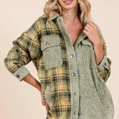 Plaid Button Down Drop Shoulder Jacket - Olive