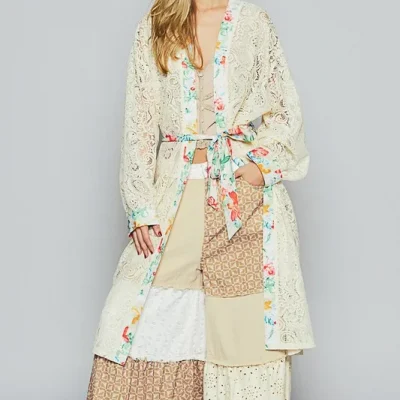 Floral Trim Lace Open Front Longline Cardigan - Natural