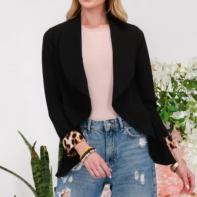 Full Size Rolled Leopard Cuff Open Front Blazer - Black