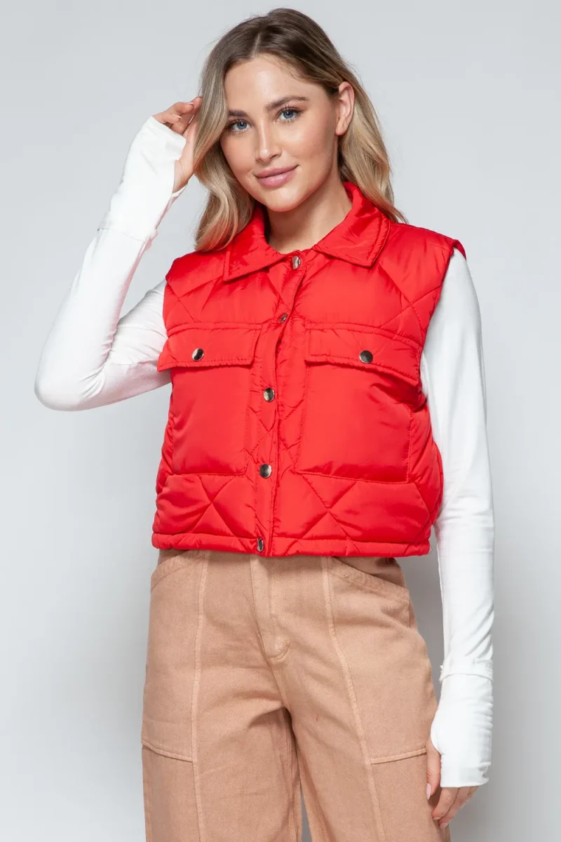 Snap Down Quilted Crop Vest - Red