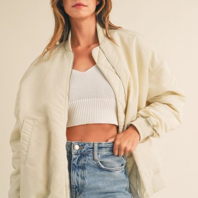 Back Ruched Utiltiy Bomber Jacket - Ecru