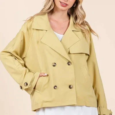 Double Breasted Long Sleeve Trench Coat Jacket - Yellow