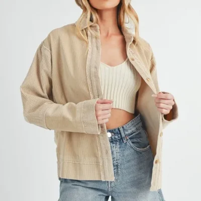 Side Slit Exposed Seam Button Up Corduroy Jacket - Tan