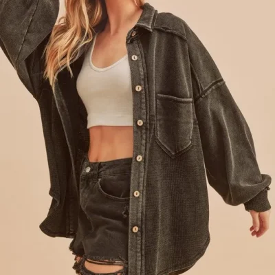 Acid Washed Exposed Seam Button Up Jacket - Black