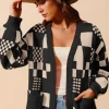 Checkered Open Front Cardigan with Pockets - Black/Oatmeal