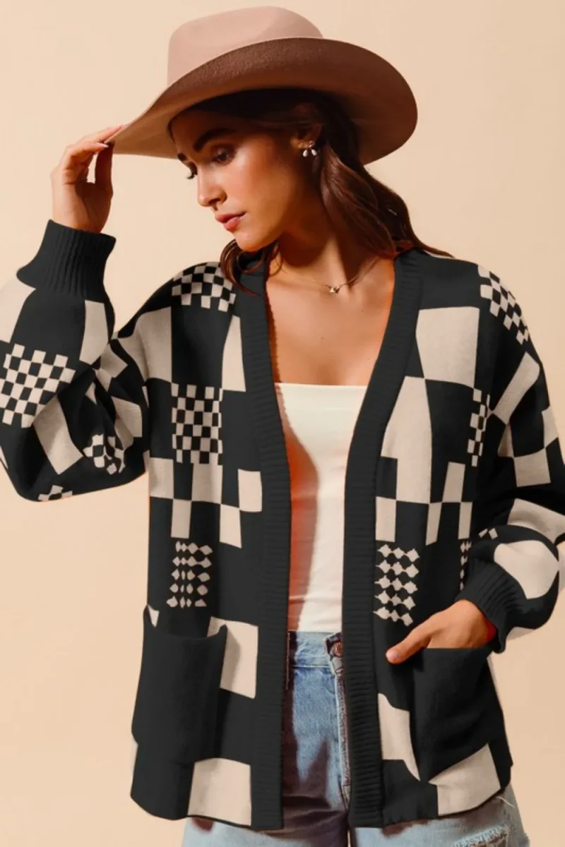 Checkered Open Front Cardigan with Pockets - Black/Oatmeal