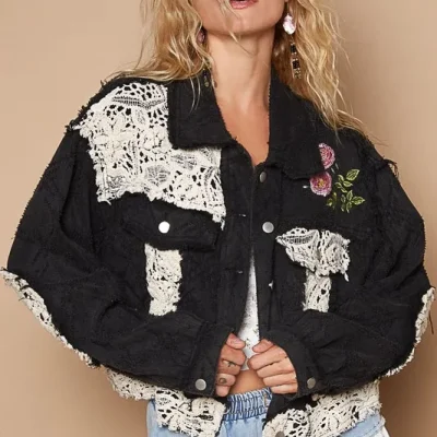 Crochet Patch Embroidered Button Up Jacket - Black